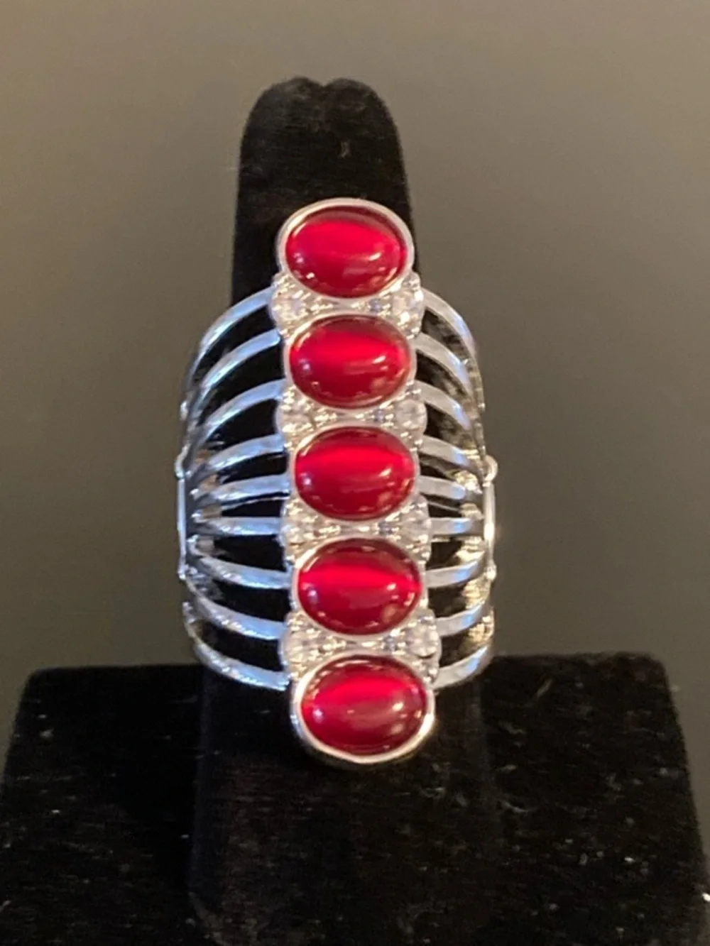 Five-Stone Red Cabochon Multi-Row Ring - Silver Tone